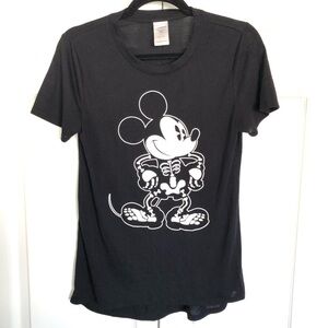 Black and White GLOW Disney Mickey Mouse Skeleton Halloween T-Shirt Size S